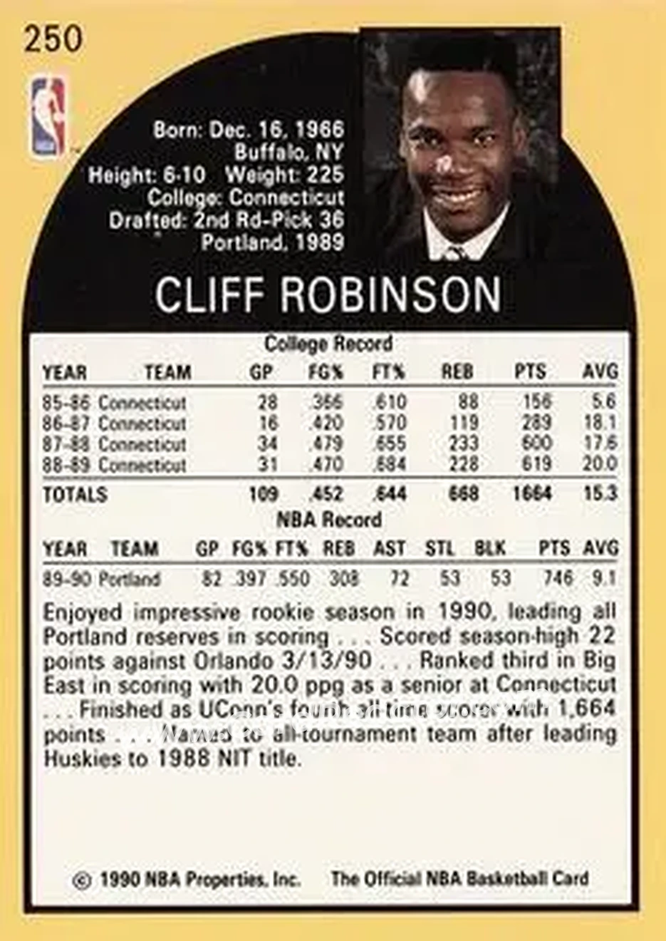 1990-91 Hoops #250 - Clifford Robinson - Portland Trail Blazers - Back