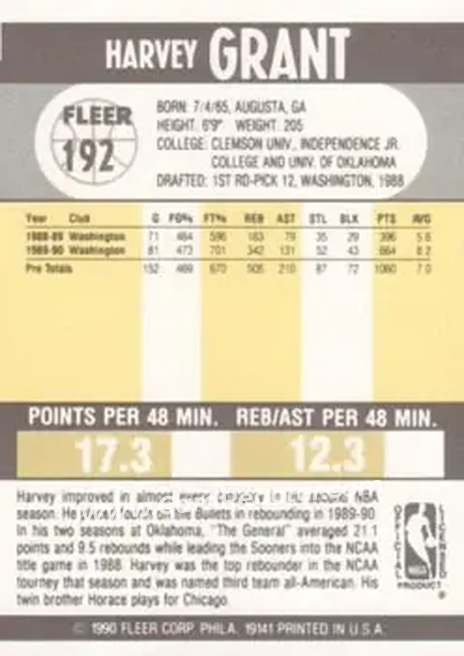 1990-91 Fleer #192 - Harvey Grant - Washington Bullets - Back 1990-91 Fleer #192 - Harvey Grant - Washington Bullets - Back