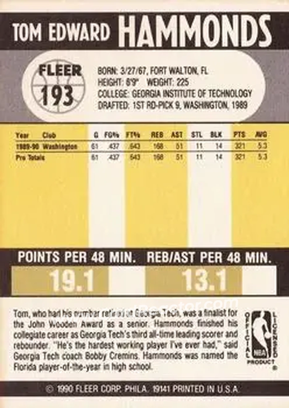 1990-91 Fleer #193 - Tom Hammonds - Washington Bullets - Back