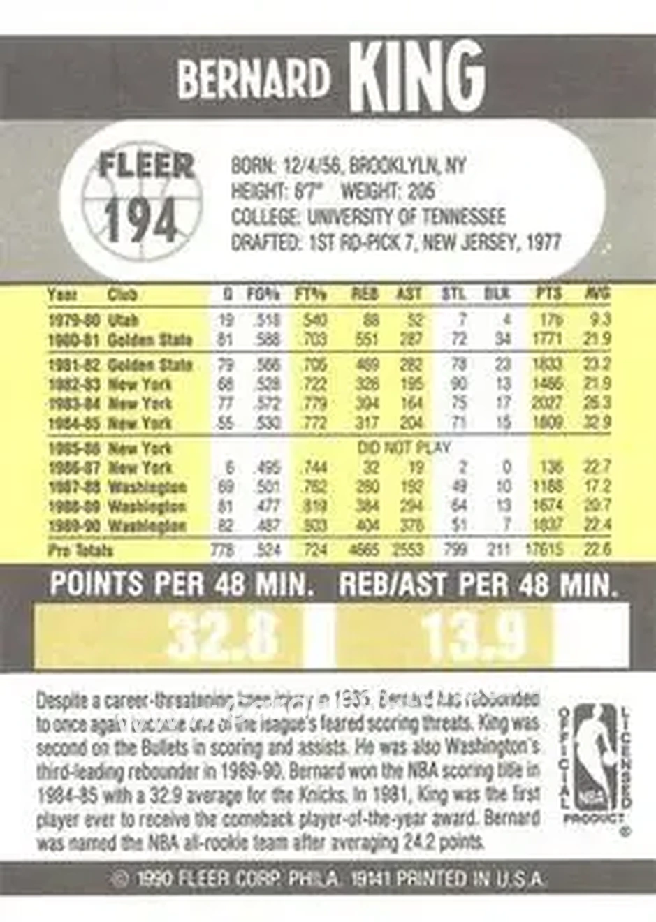 1990-91 Fleer #194 - Bernard King - Washington Bullets - Back 1990-91 Fleer #194 - Bernard King - Washington Bullets - Back