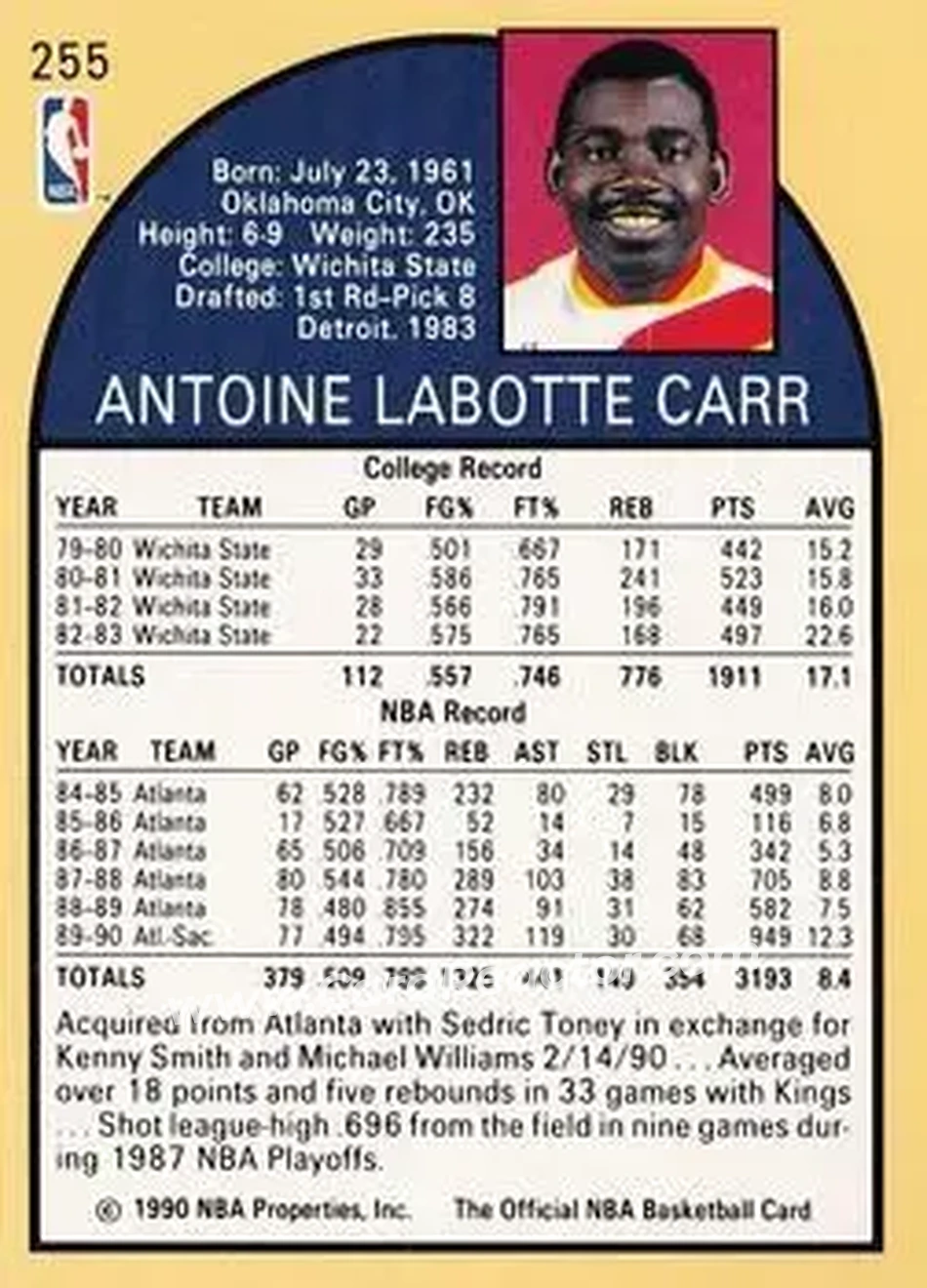 1990-91 Hoops #255 - Antoine Carr - Sacramento Kings - Back