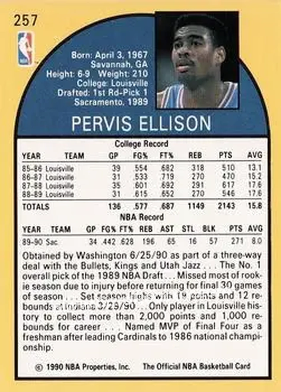 1990-91 Hoops #257 - Pervis Ellison - Sacramento Kings - Back 1990-91 Hoops #257 - Pervis Ellison - Sacramento Kings - Back
