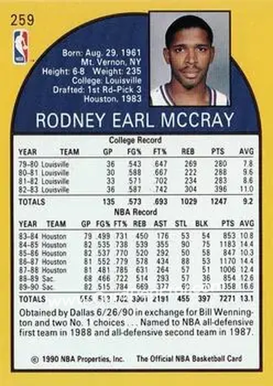 1990-91 Hoops #259 - Rodney McCray - Sacramento Kings - Back