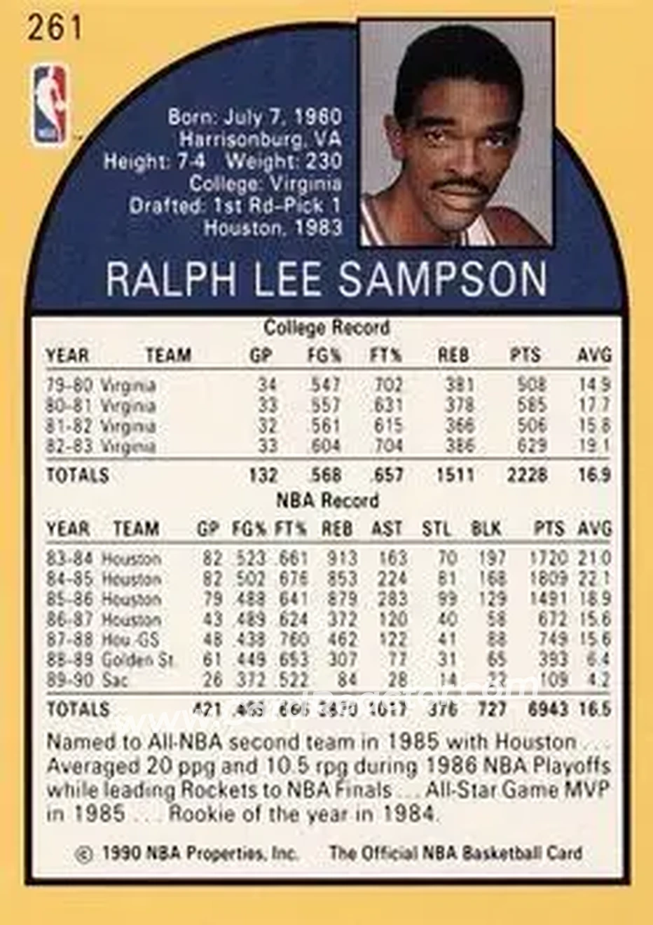 1990-91 Hoops #261 - Ralph Sampson - Sacramento Kings - Back