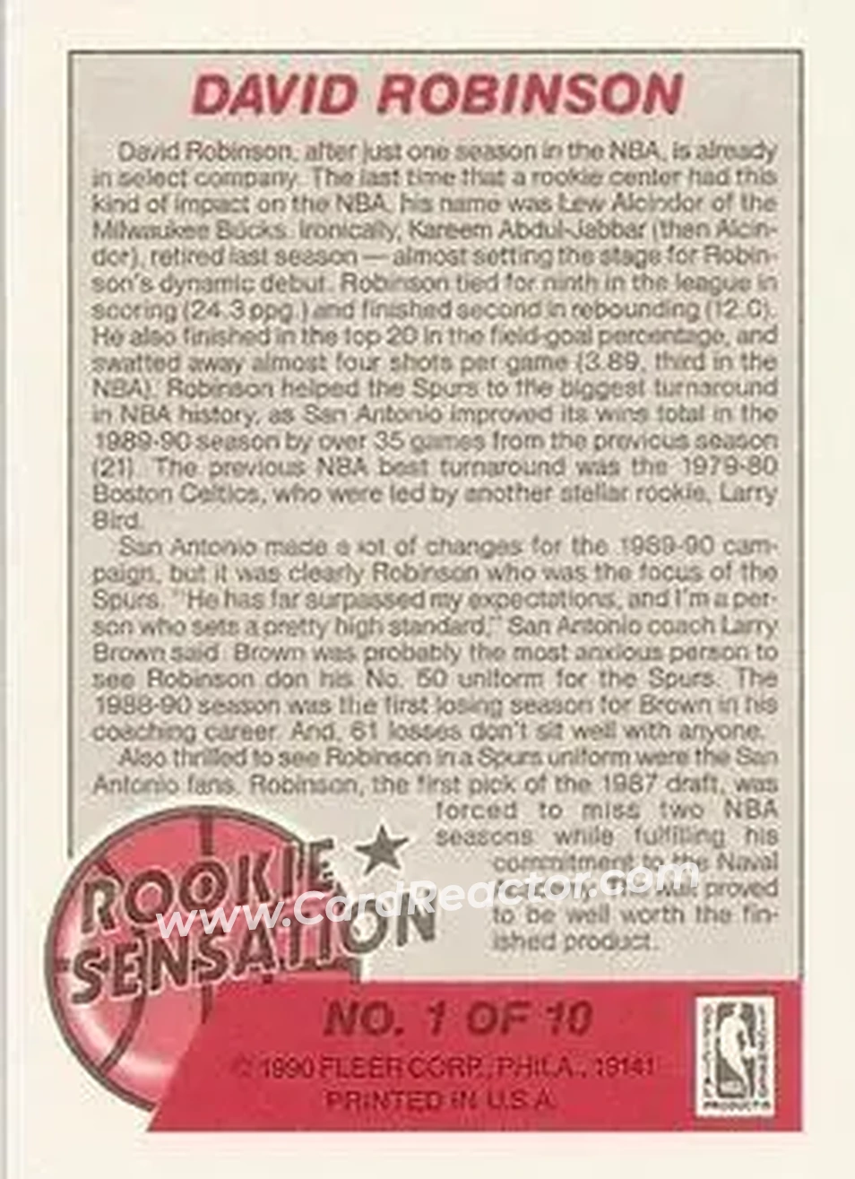 1990-91 Fleer - Rookie Sensations #1 - David Robinson - San Antonio Spurs - Back