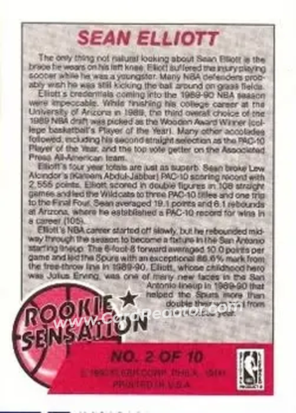 1990-91 Fleer - Rookie Sensations #2 - Sean Elliott - San Antonio Spurs - Back 1990-91 Fleer - Rookie Sensations #2 - Sean Elliott - San Antonio Spurs - Back