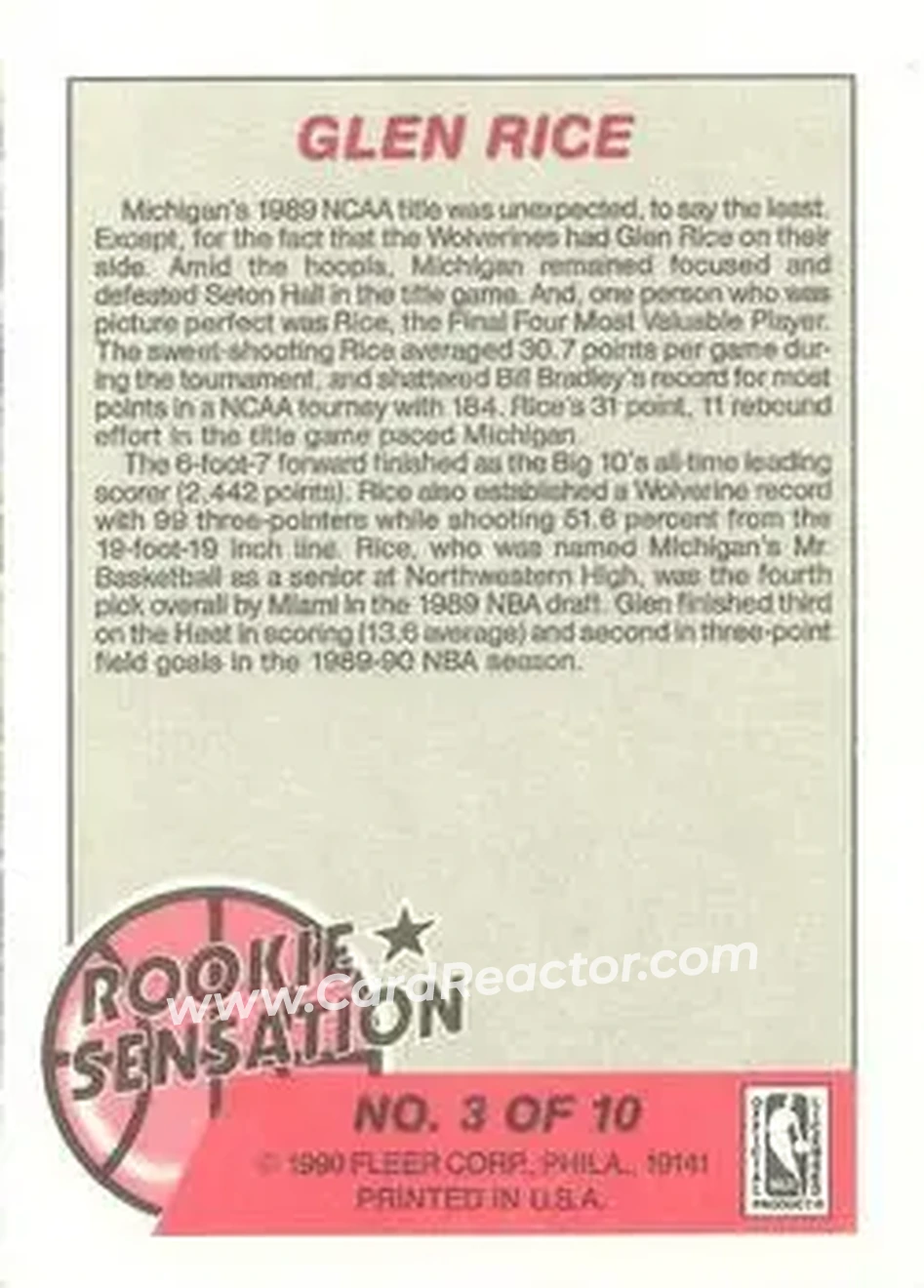 1990-91 Fleer - Rookie Sensations #3 - Glen Rice - Miami Heat - Back 1990-91 Fleer - Rookie Sensations #3 - Glen Rice - Miami Heat - Back