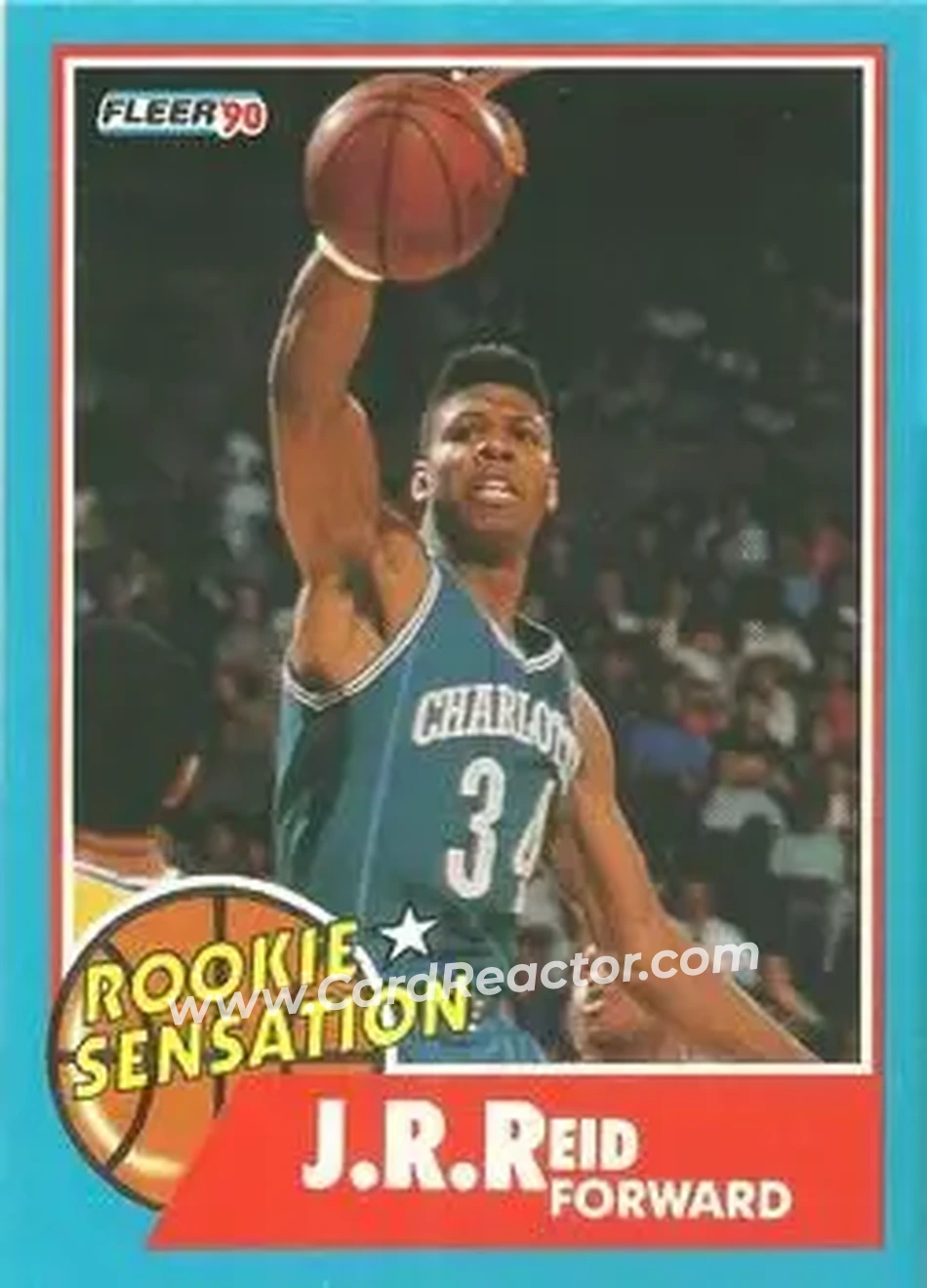 1990-91 Fleer - Rookie Sensations #4 - J.R. Reid - Charlotte Hornets - Front 1990-91 Fleer - Rookie Sensations #4 - J.R. Reid - Charlotte Hornets - Front