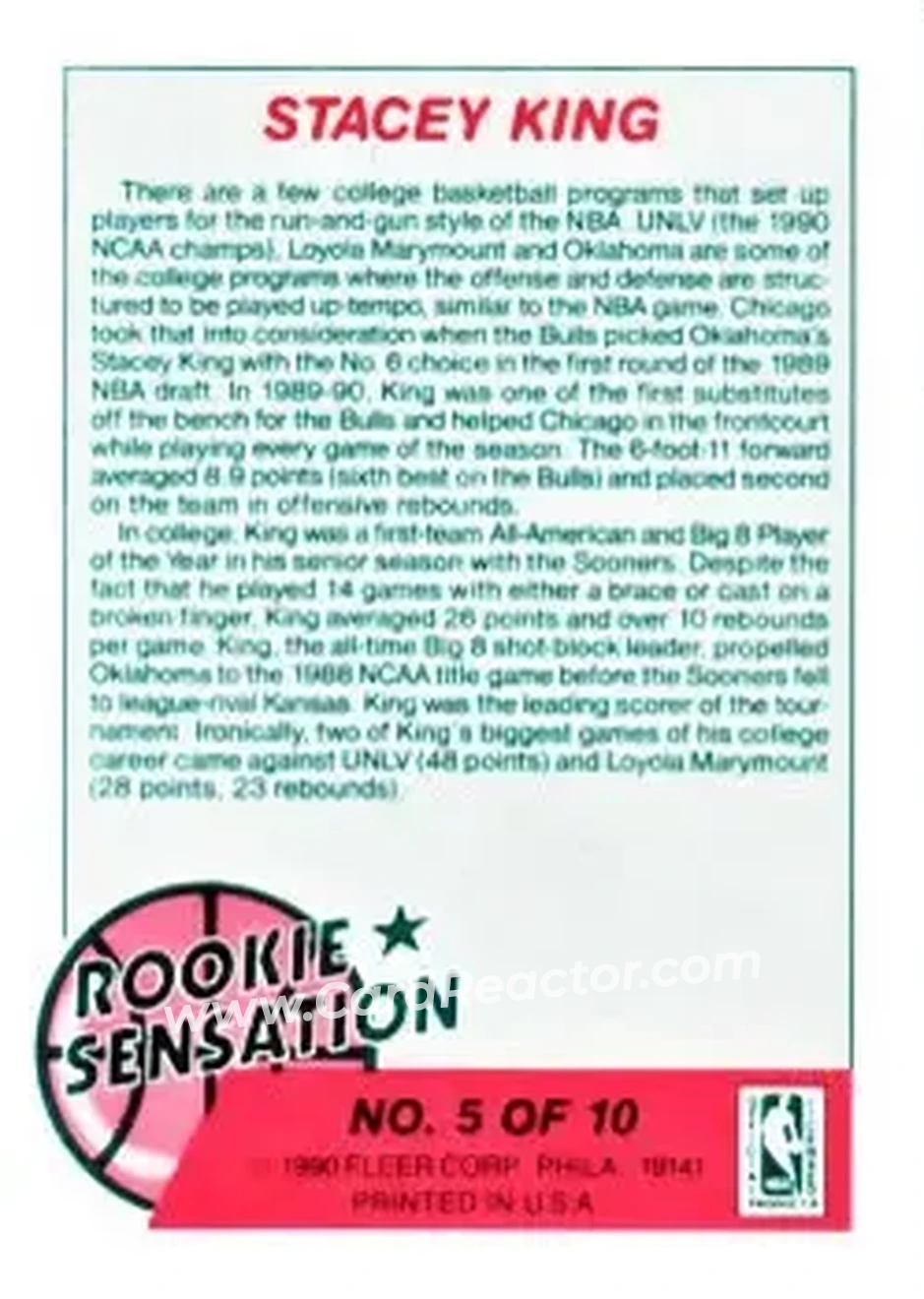 1990-91 Fleer - Rookie Sensations #5 - Stacey King - Chicago Bulls - Back 1990-91 Fleer - Rookie Sensations #5 - Stacey King - Chicago Bulls - Back