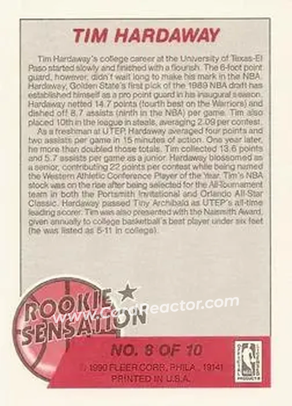 1990-91 Fleer - Rookie Sensations #8 - Tim Hardaway - Golden State Warriors - Back 1990-91 Fleer - Rookie Sensations #8 - Tim Hardaway - Golden State Warriors - Back