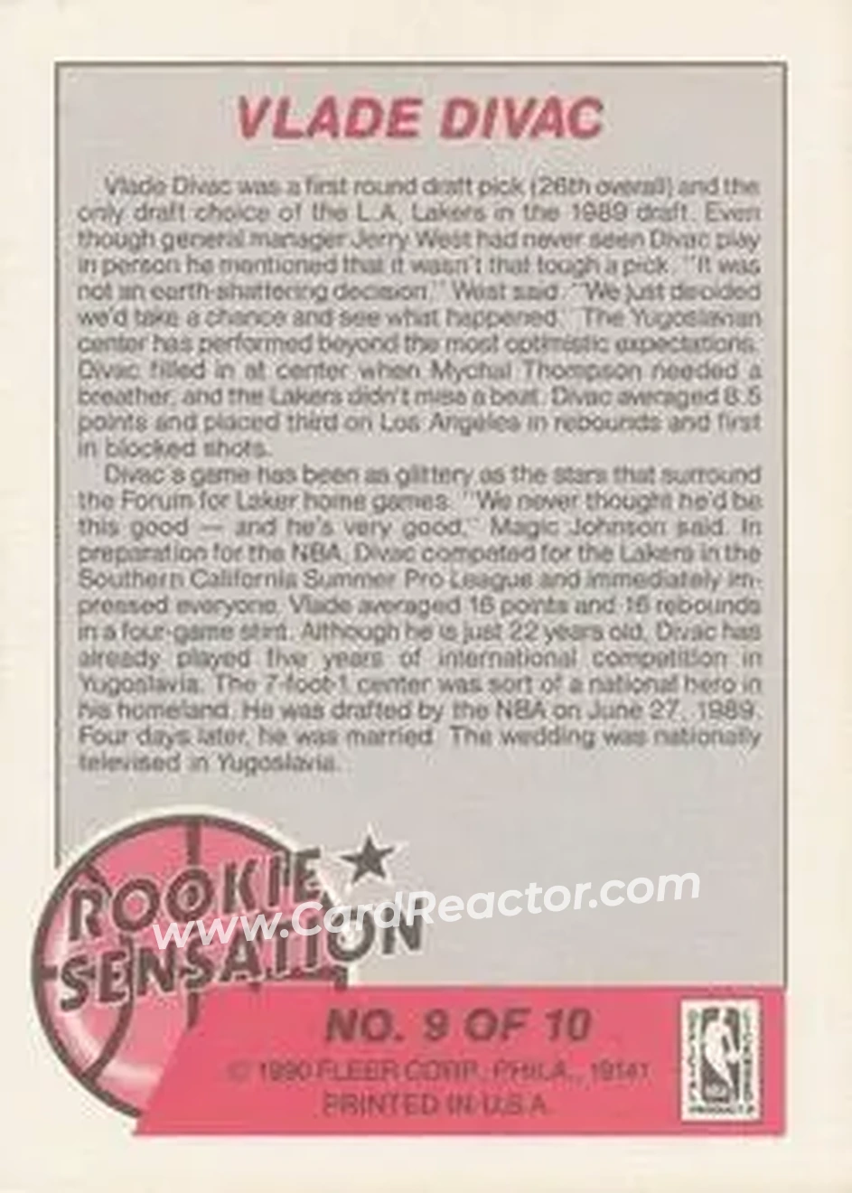 1990-91 Fleer - Rookie Sensations #9 - Vlade Divac - Los Angeles Lakers - Back 1990-91 Fleer - Rookie Sensations #9 - Vlade Divac - Los Angeles Lakers - Back