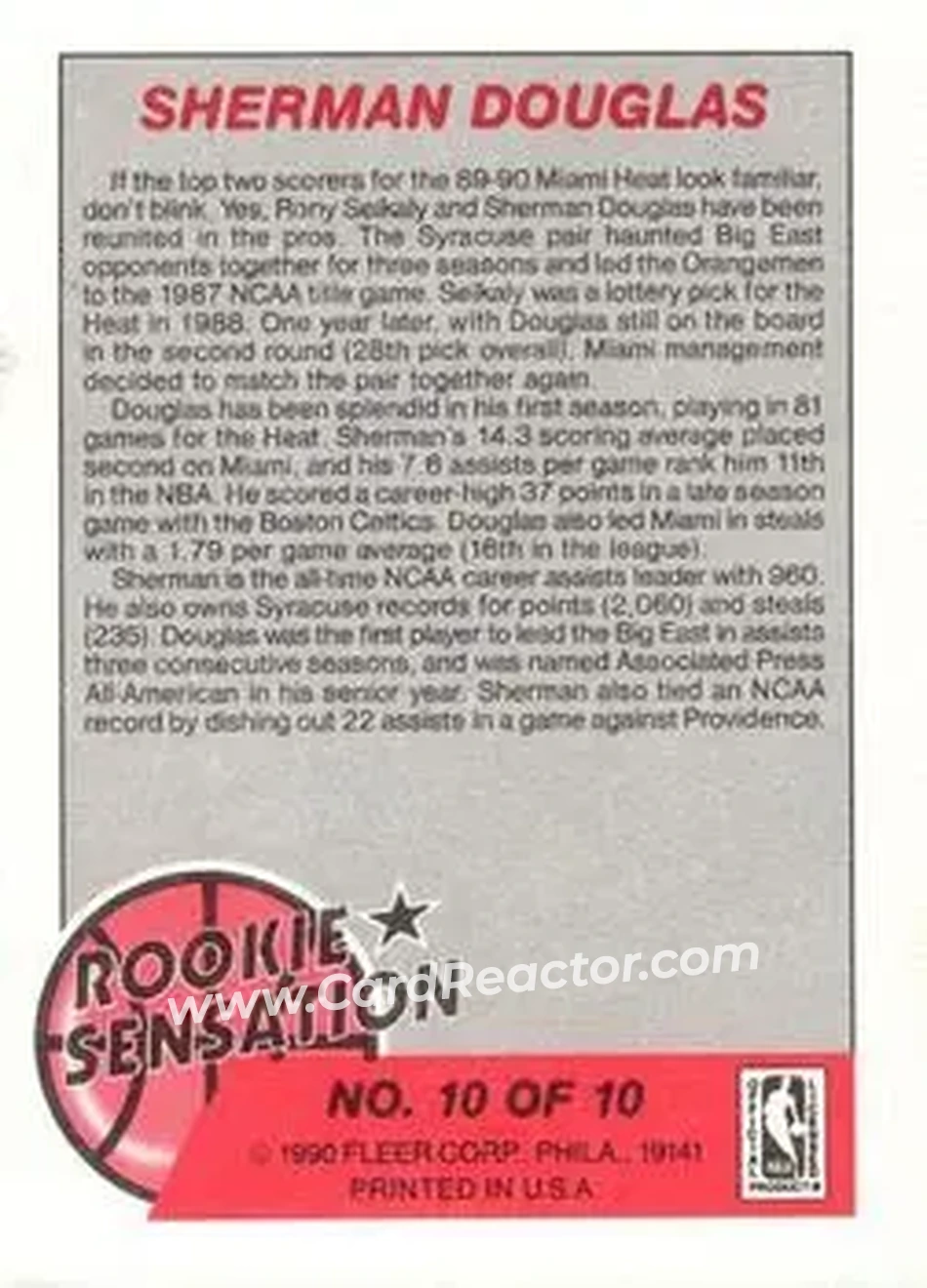 1990-91 Fleer - Rookie Sensations #10 - Sherman Douglas - Miami Heat - Back