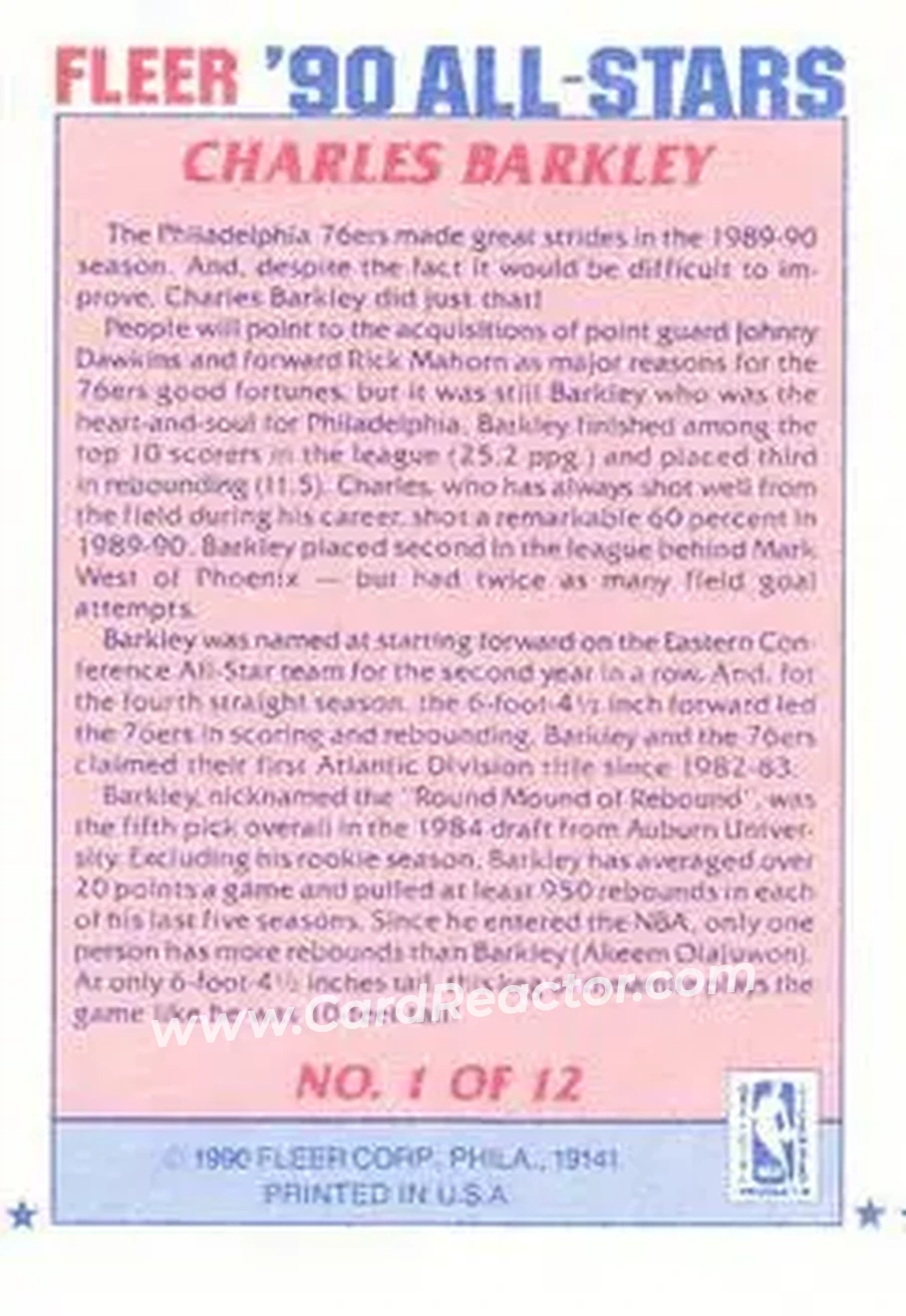 1990-91 Fleer - All-Stars #1 - Charles Barkley - Philadelphia 76ers - Back