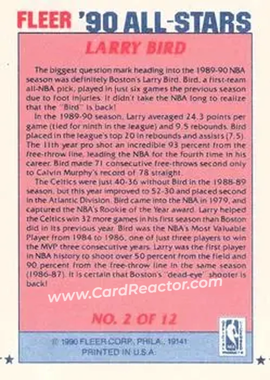 1990-91 Fleer - All-Stars #2 - Larry Bird - Boston Celtics - Back