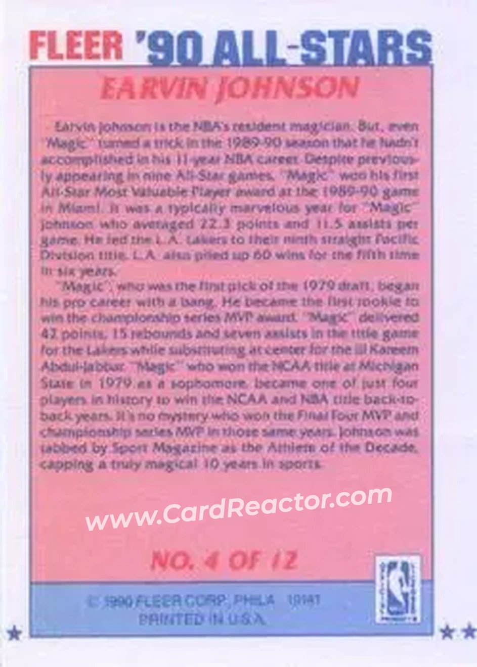 1990-91 Fleer - All-Stars #4 - Magic Johnson - Los Angeles Lakers - Back