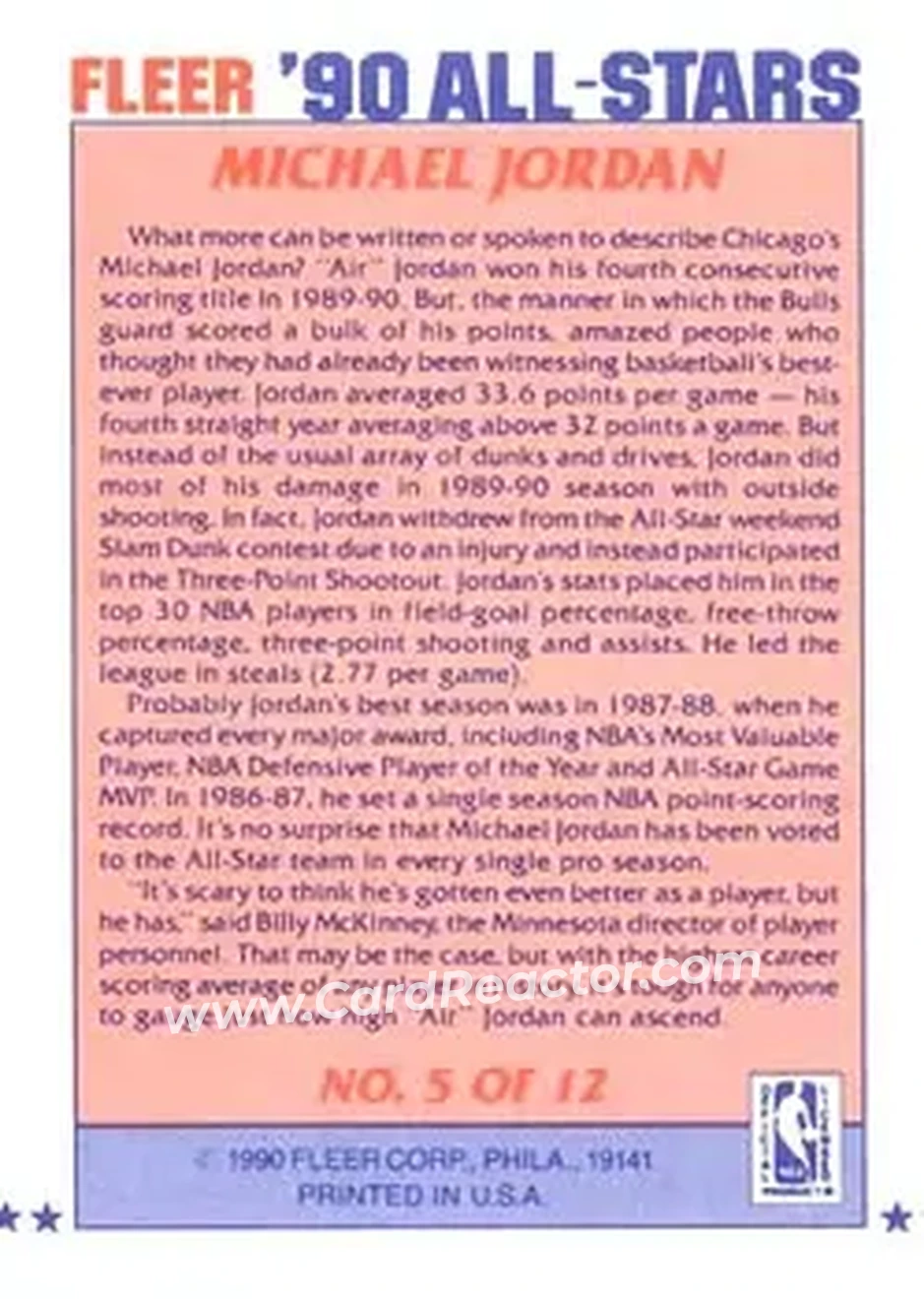 1990-91 Fleer - All-Stars #5 - Michael Jordan - Chicago Bulls - Back
