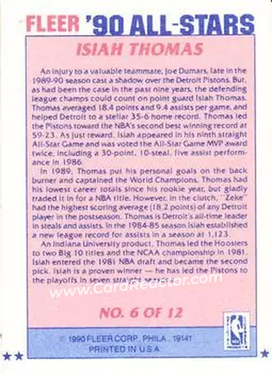 1990-91 Fleer - All-Stars #6 - Isiah Thomas - Detroit Pistons - Back