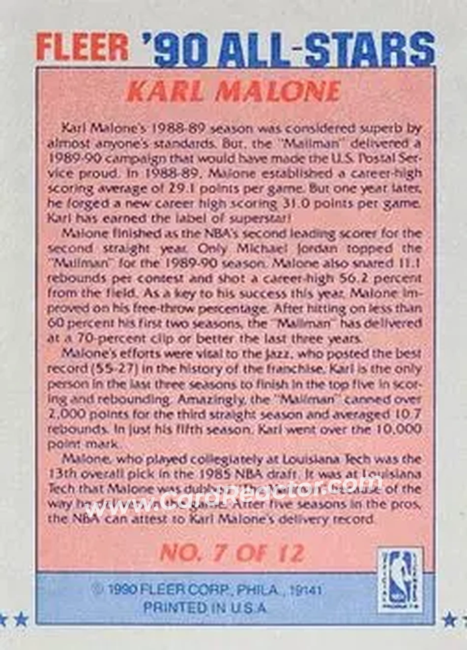 1990-91 Fleer - All-Stars #7 - Karl Malone - Utah Jazz - Back