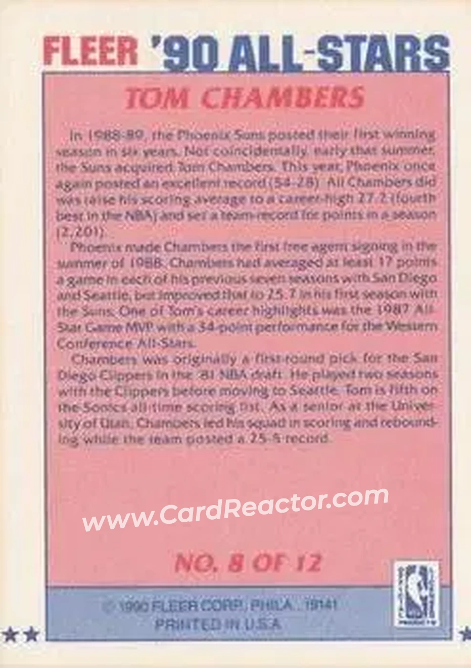 1990-91 Fleer - All-Stars #8 - Tom Chambers - Phoenix Suns - Back