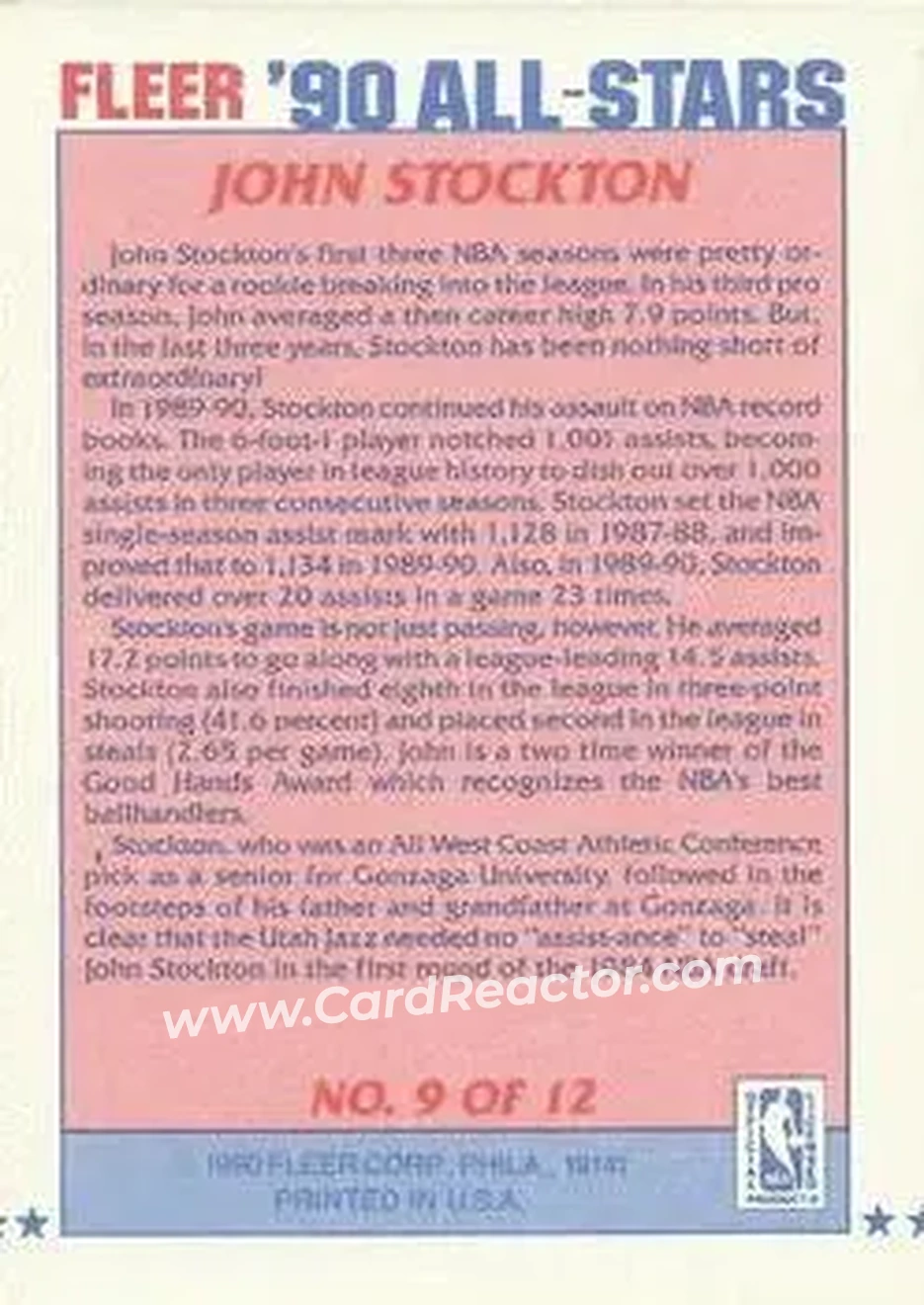 1990-91 Fleer - All-Stars #9 - John Stockton - Utah Jazz - Back