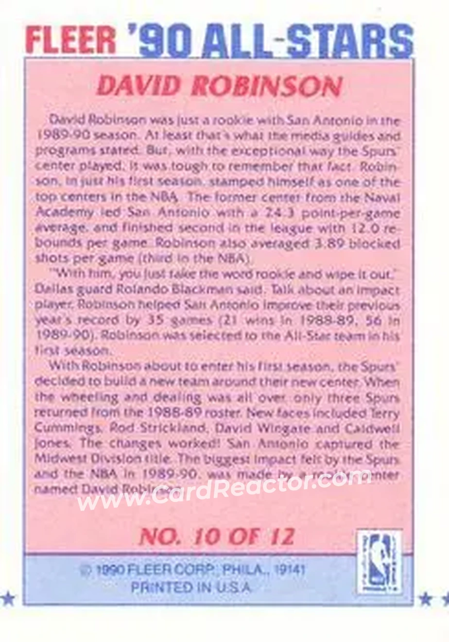 1990-91 Fleer - All-Stars #10 - David Robinson - San Antonio Spurs - Back