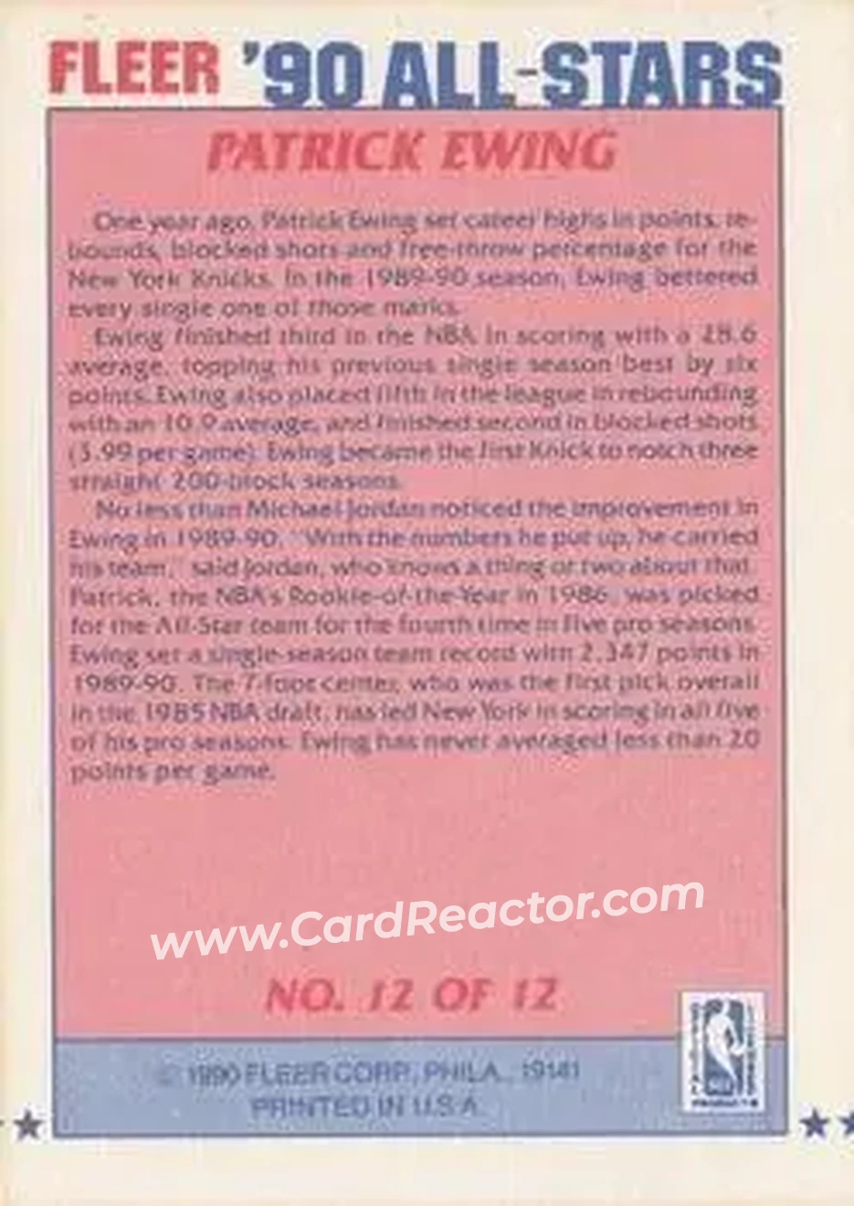 1990-91 Fleer - All-Stars #12 - Patrick Ewing - New York Knicks - Back