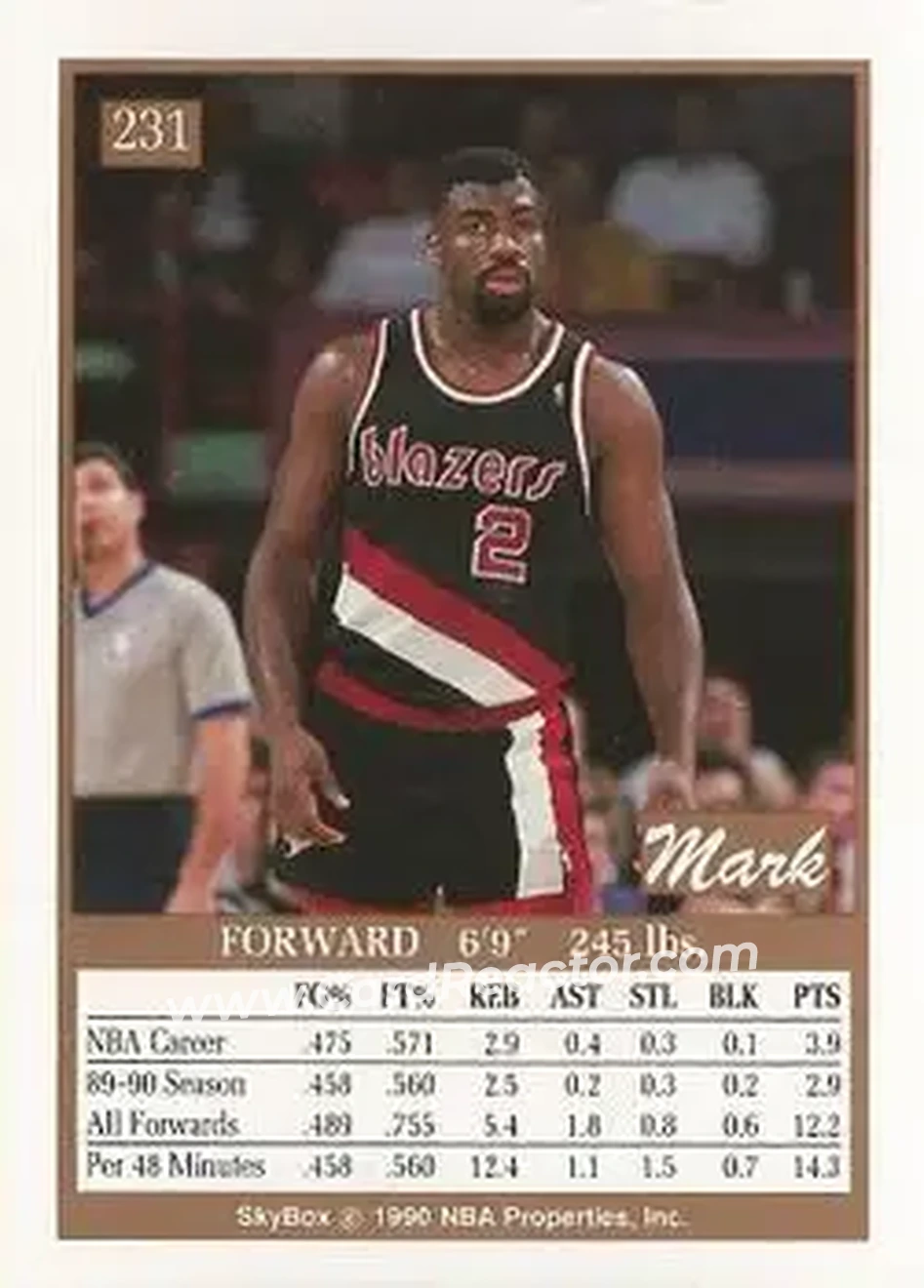 1990-91 SkyBox #231 - Mark Bryant - Portland Trail Blazers - Back