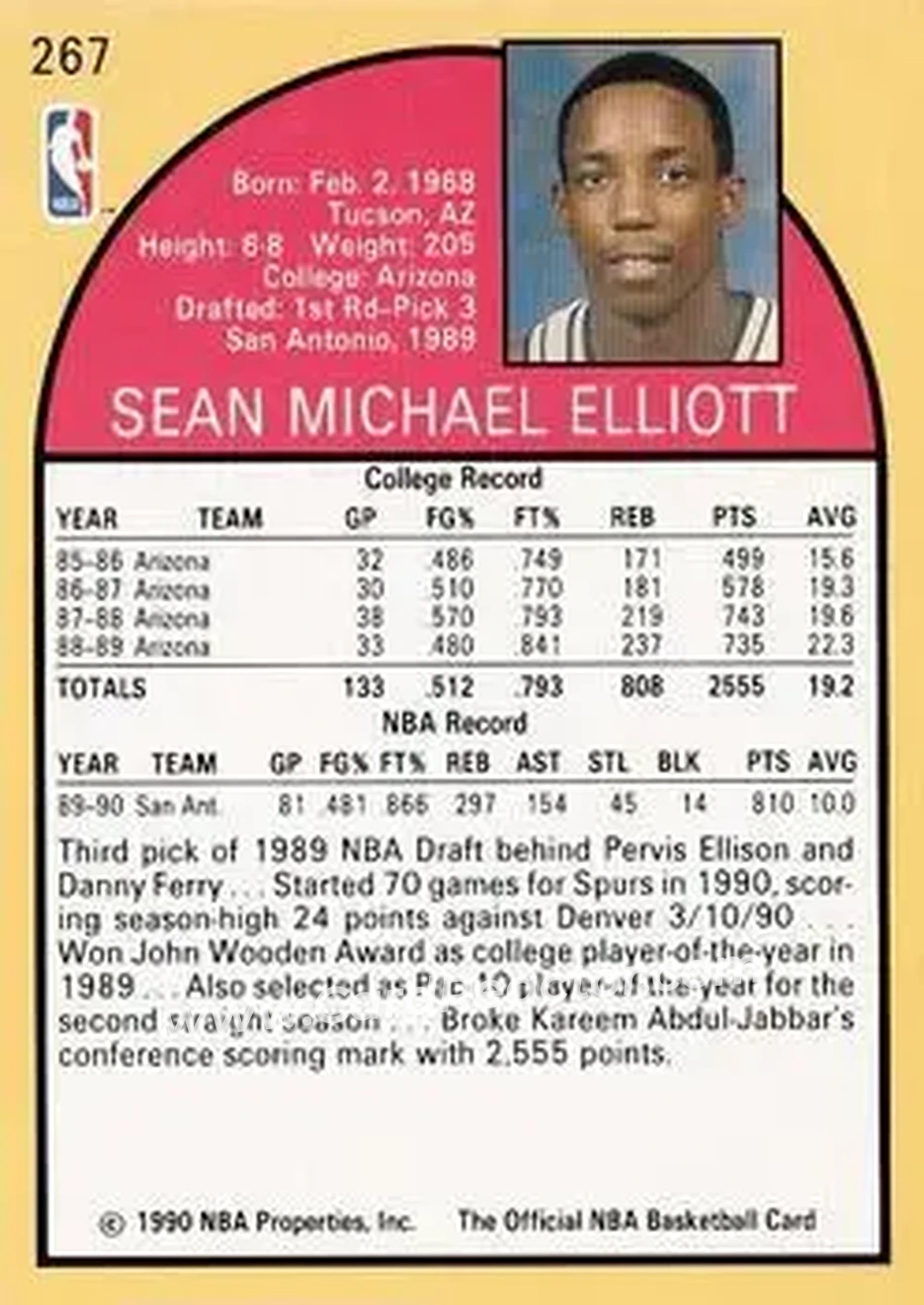 1990-91 Hoops #267 - Sean Elliott - San Antonio Spurs - Back