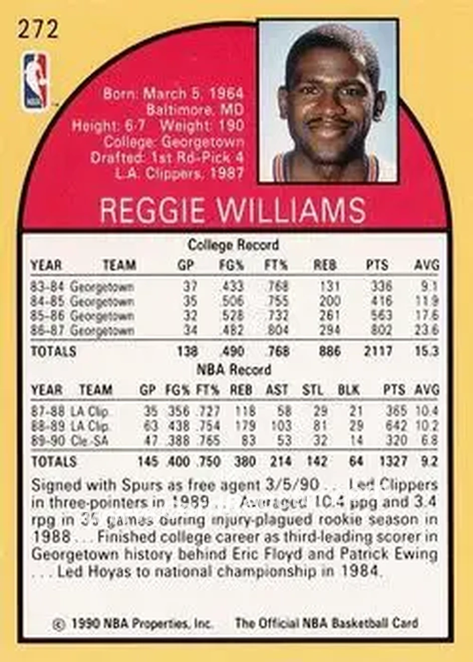 1990-91 Hoops #272 - Reggie WIlliams - San Antonio Spurs - Back 1990-91 Hoops #272 - Reggie WIlliams - San Antonio Spurs - Back