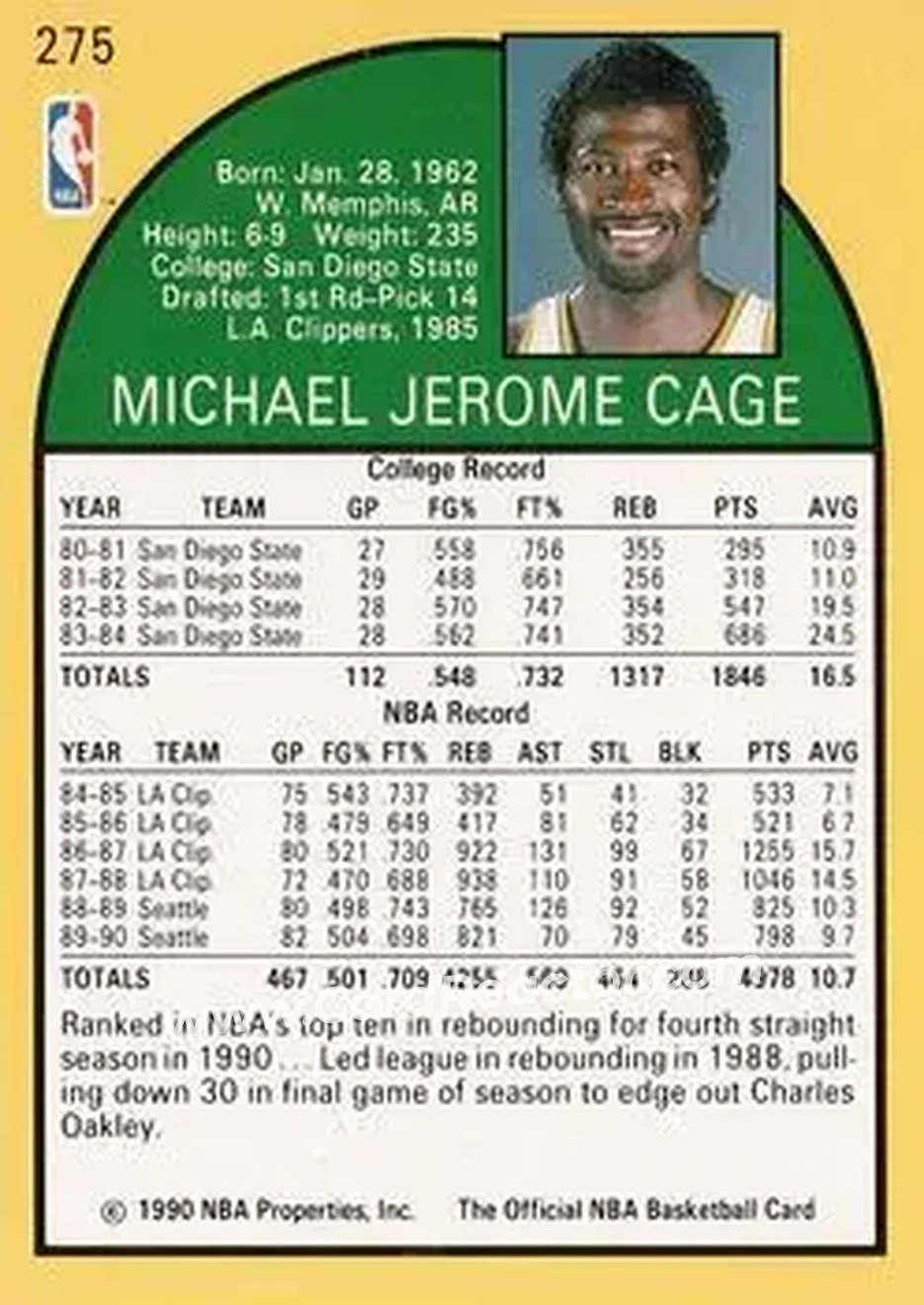 1990-91 Hoops #275 - Michael Cage - Seattle SuperSonics - Back 1990-91 Hoops #275 - Michael Cage - Seattle SuperSonics - Back