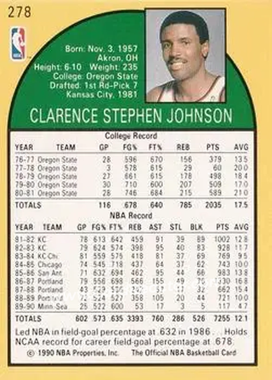 1990-91 Hoops #278 - Steve Johnson - Seattle SuperSonics - Back 1990-91 Hoops #278 - Steve Johnson - Seattle SuperSonics - Back