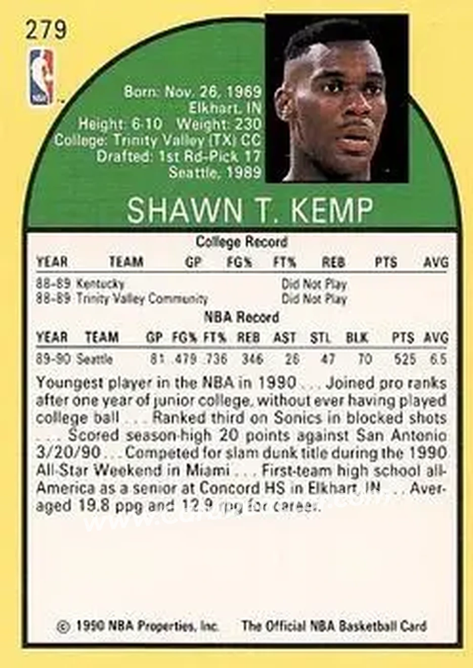 1990-91 Hoops #279 - Shawn Kemp - Seattle SuperSonics - Back