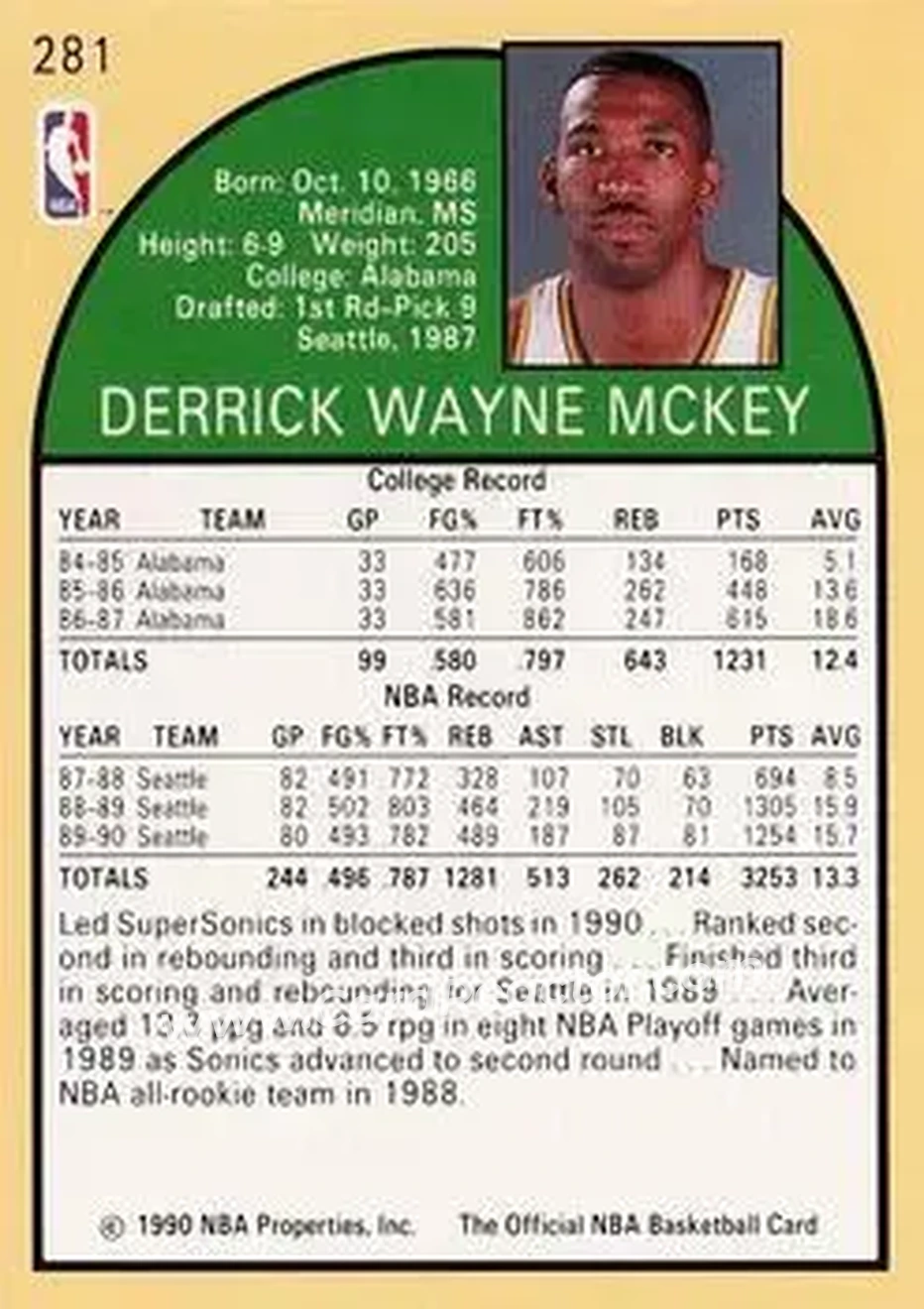 1990-91 Hoops #281 - Derrick McKey - Seattle SuperSonics - Back