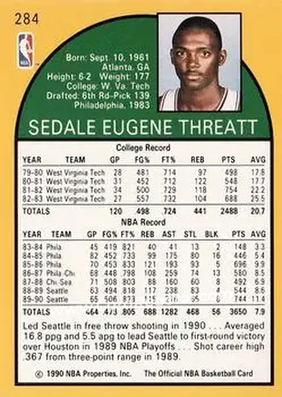1990-91 Hoops #284 - Sedale Threatt - Seattle SuperSonics - Back 1990-91 Hoops #284 - Sedale Threatt - Seattle SuperSonics - Back