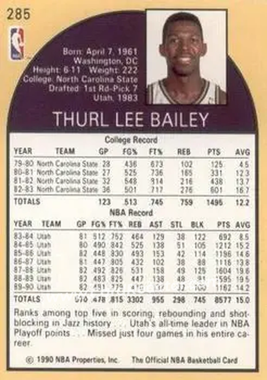 1990-91 Hoops #285 - Thurl Bailey - Utah Jazz - Back