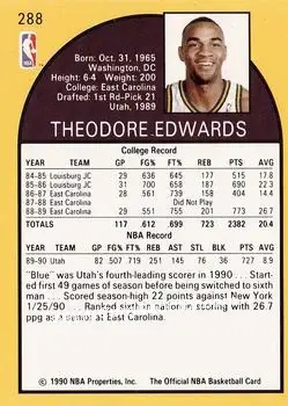 1990-91 Hoops #288 - Blue Edwards - Utah Jazz - Back 1990-91 Hoops #288 - Blue Edwards - Utah Jazz - Back