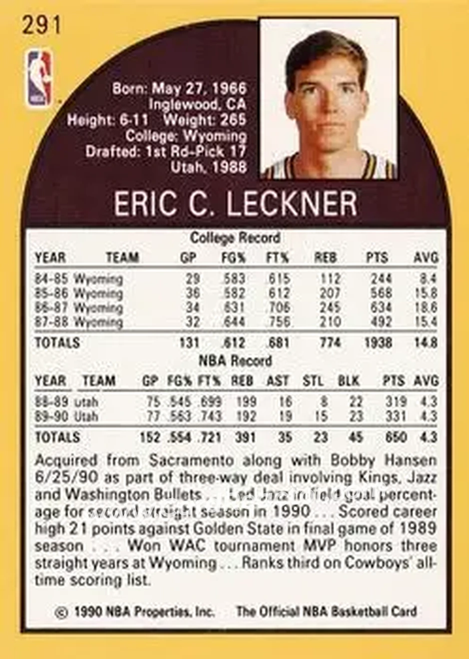 1990-91 Hoops #291 - Eric Leckner - Utah Jazz - Back