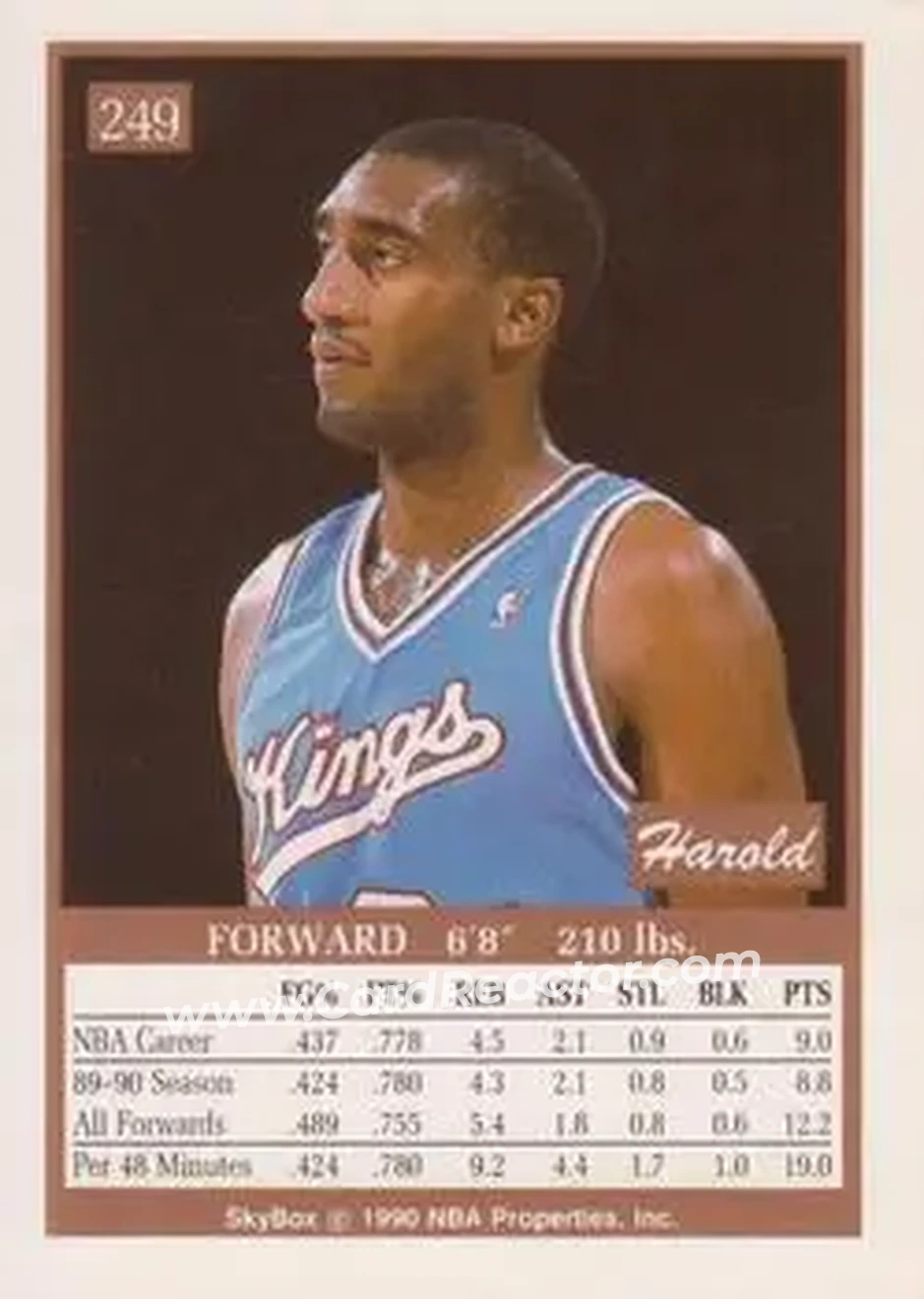1990-91 SkyBox #249 - Harold Pressley - Sacramento Kings - Back