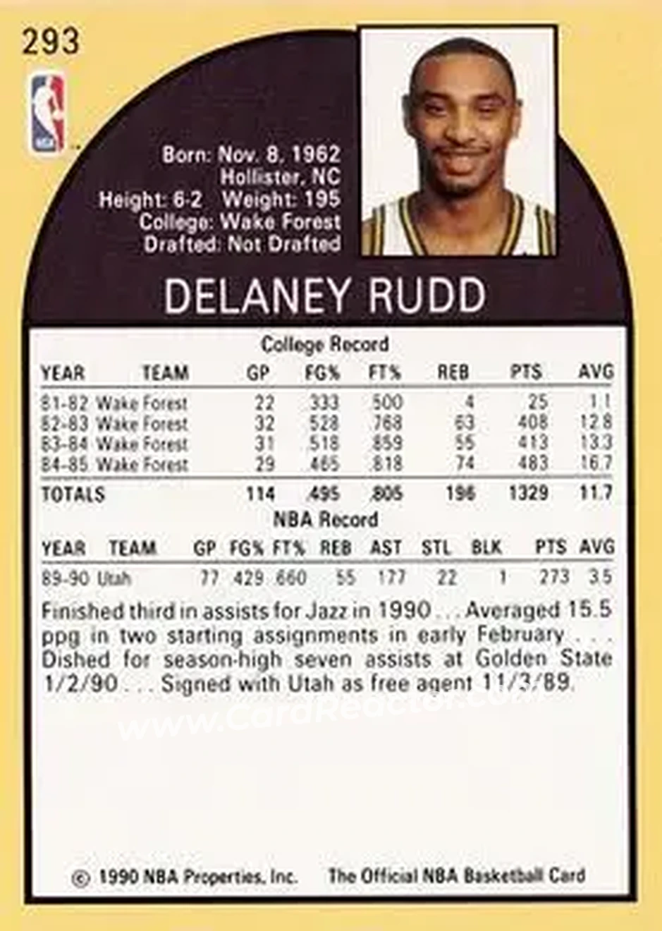 1990-91 Hoops #293 - Delaney Rudd - Utah Jazz - Back