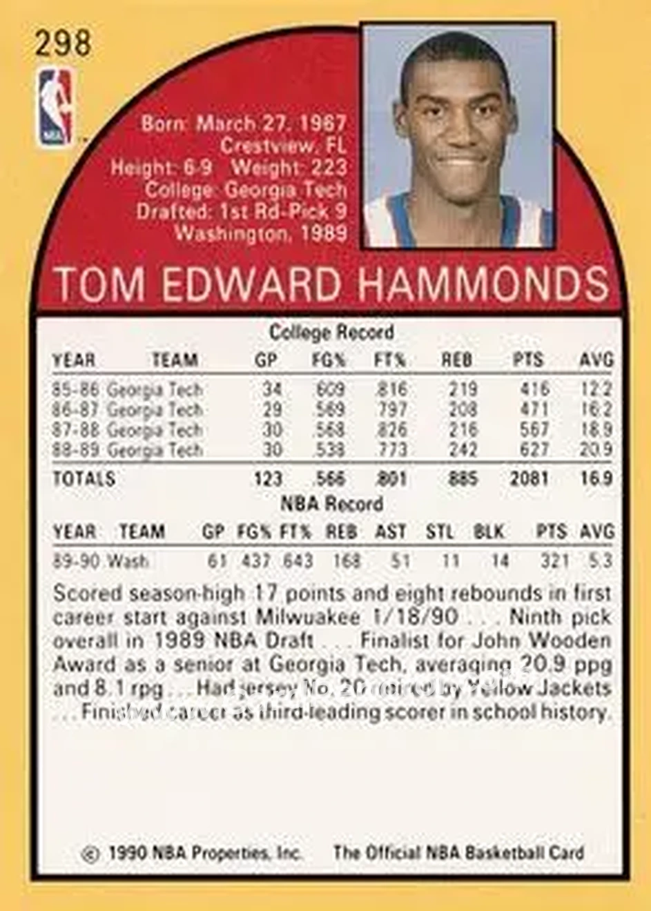 1990-91 Hoops #298 - Tom Hammonds - Washington Bullets - Back 1990-91 Hoops #298 - Tom Hammonds - Washington Bullets - Back