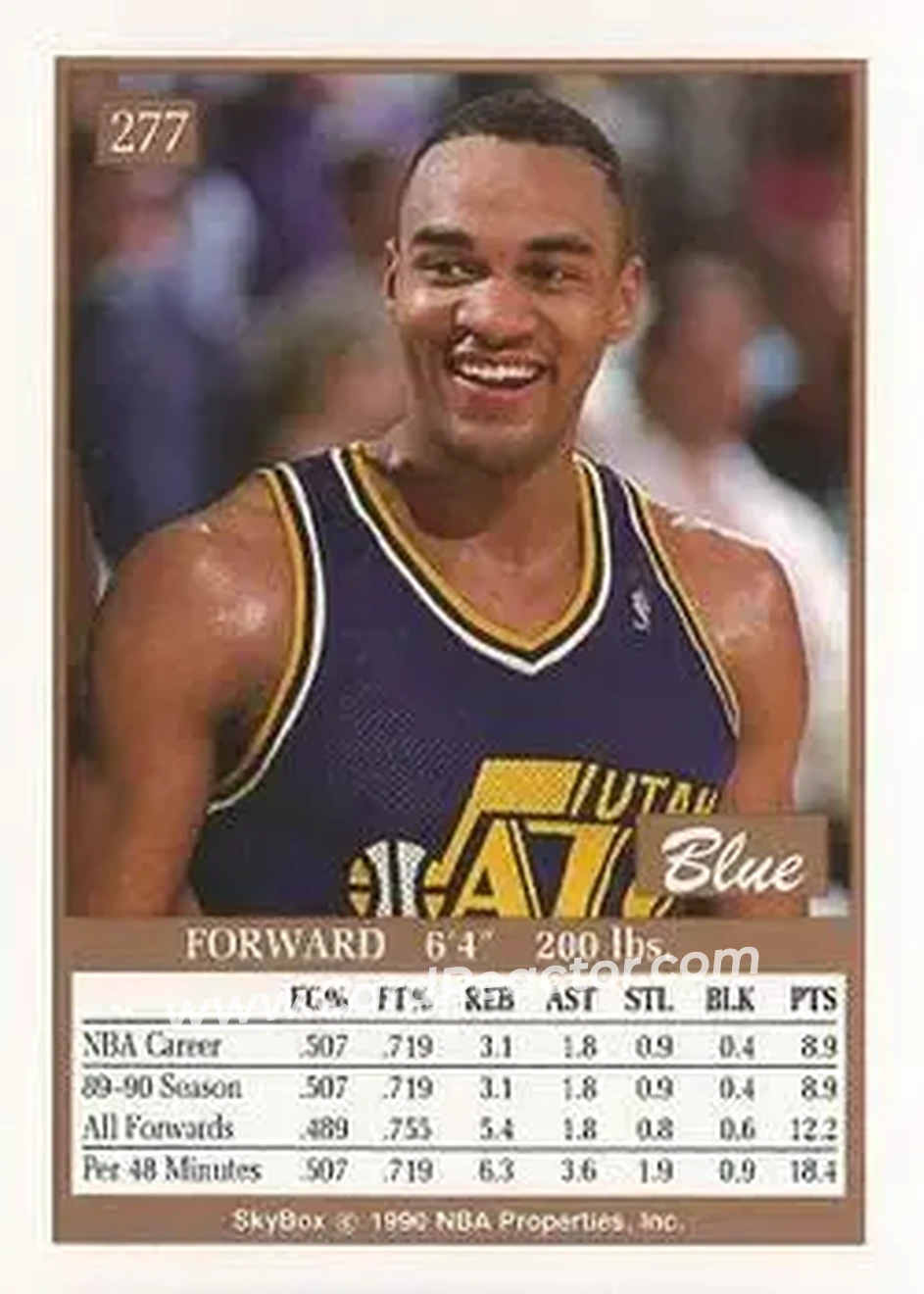 1990-91 SkyBox #277 - Blue Edwards - Utah Jazz - Back