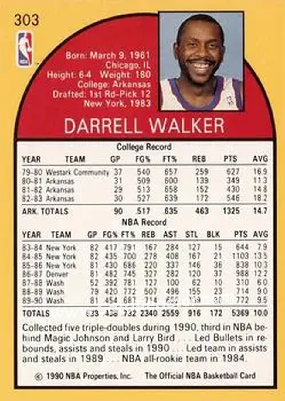 1990-91 Hoops #303 - Darrell Walker - Washington Bullets - Back