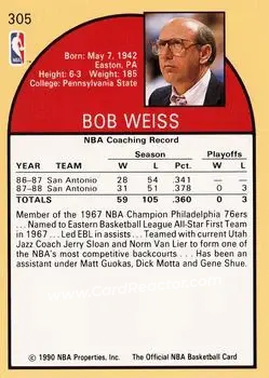 1990-91 Hoops #305 - Bob Weiss - Atlanta Hawks - Back