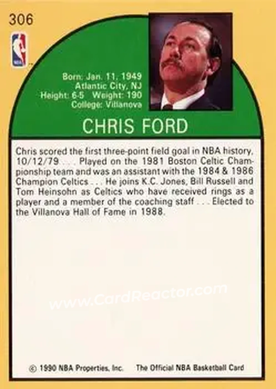 1990-91 Hoops #306 - Chris Ford - Boston Celtics - Back