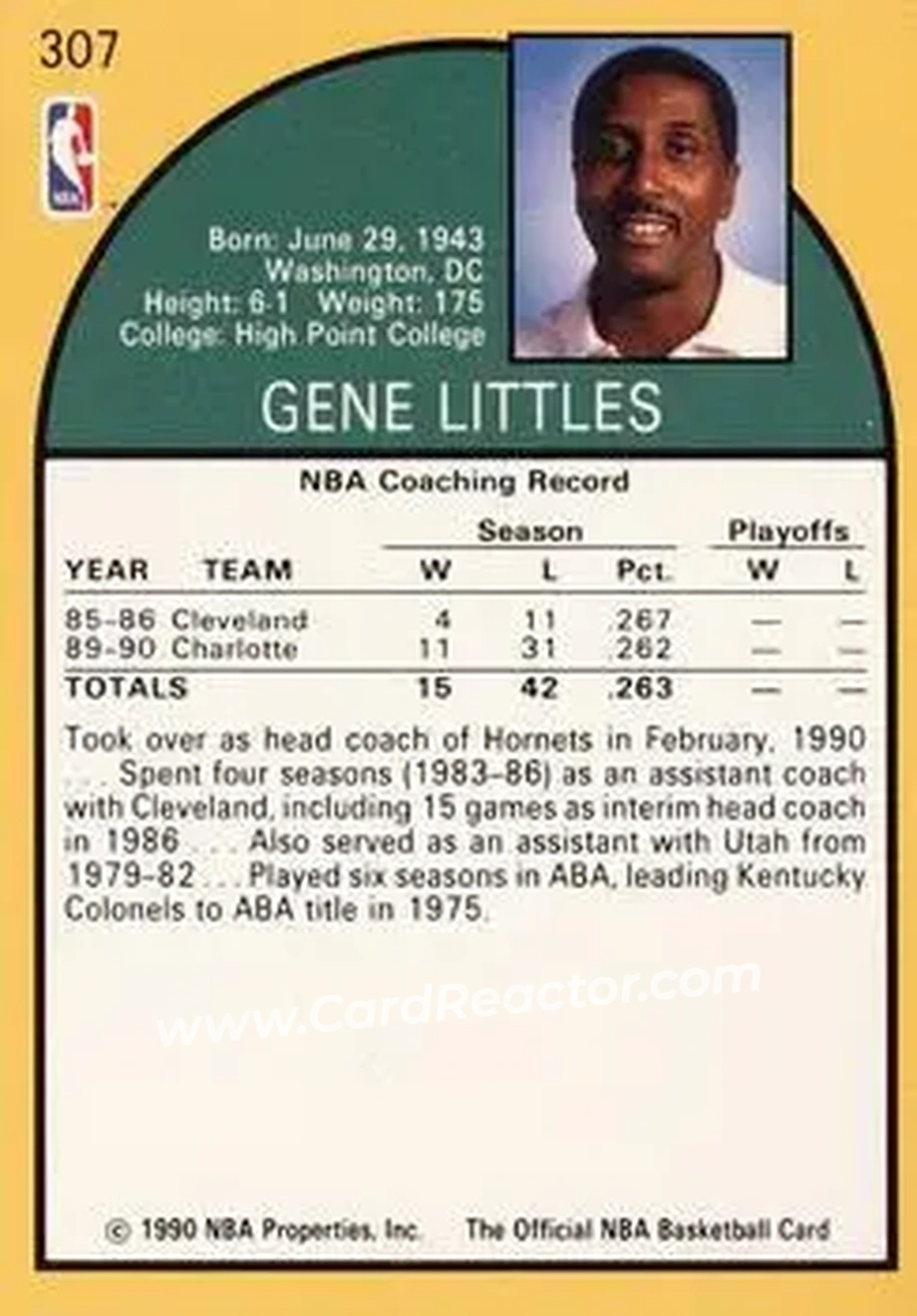 1990-91 Hoops #307 - Gene Littles - Charlotte Hornets - Back