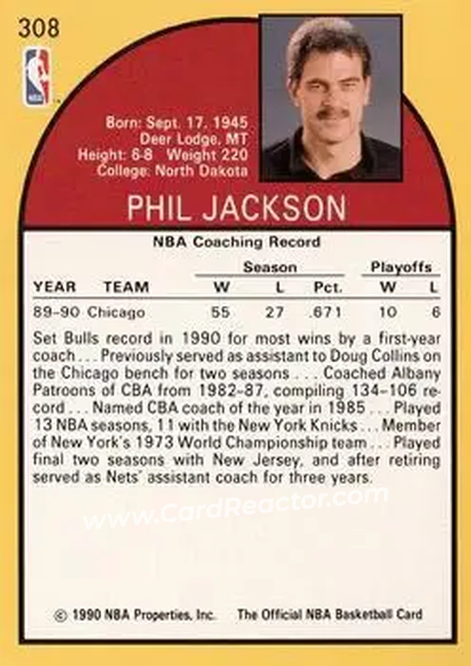 1990-91 Hoops #308 - Phil Jackson - Chicago Bulls - Back