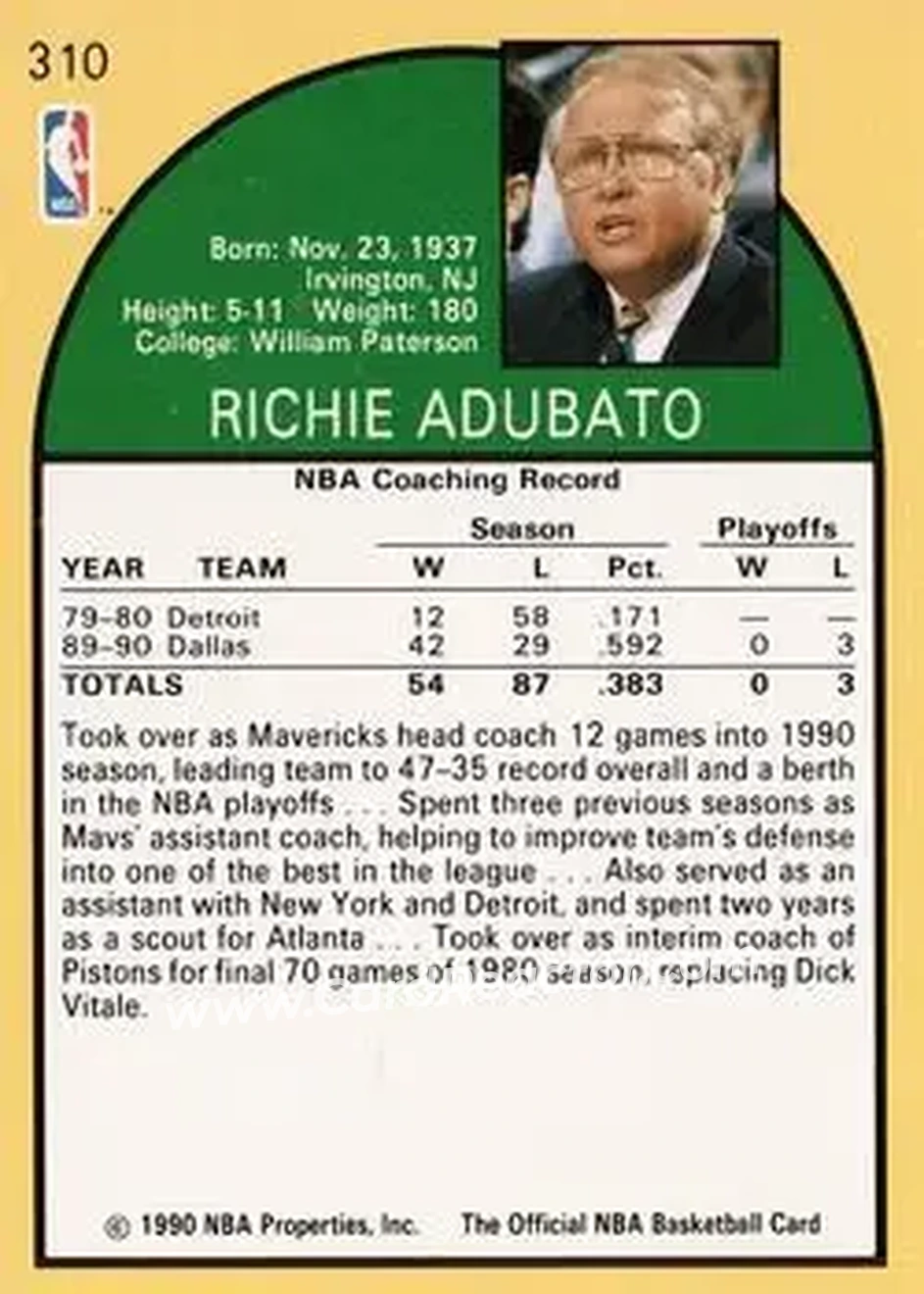 1990-91 Hoops #310 - Richie Adubato - Dallas Mavericks - Back 1990-91 Hoops #310 - Richie Adubato - Dallas Mavericks - Back