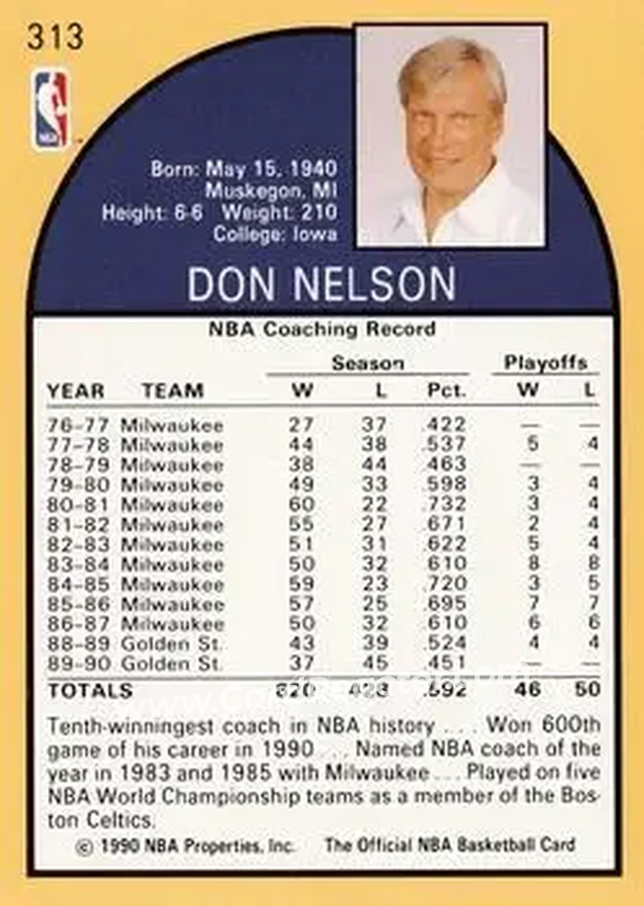 1990-91 Hoops #313 - Don Nelson - Golden State Warriors - Back