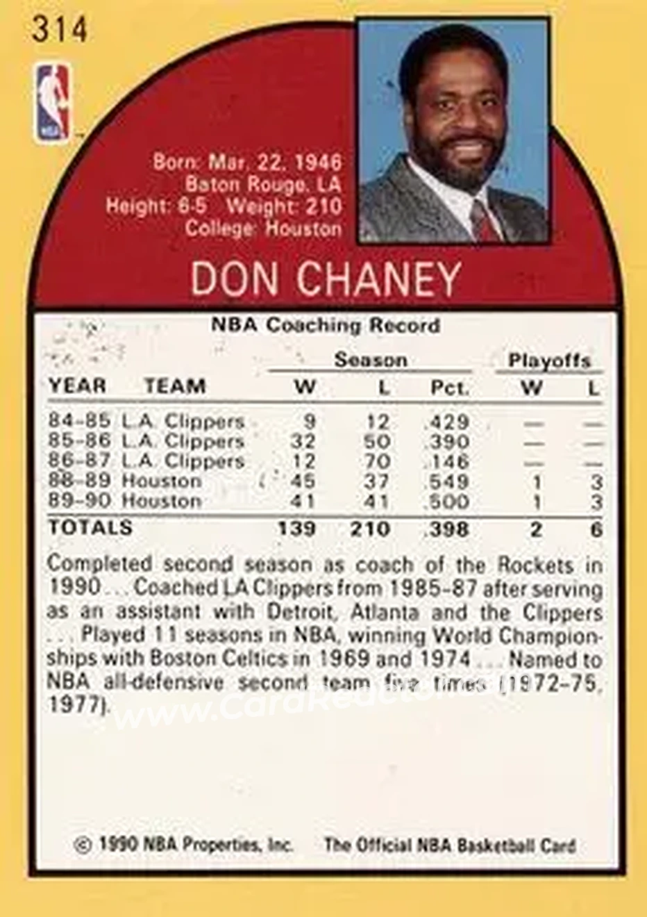 1990-91 Hoops #314 - Don Chaney - Houston Rockets - Back 1990-91 Hoops #314 - Don Chaney - Houston Rockets - Back
