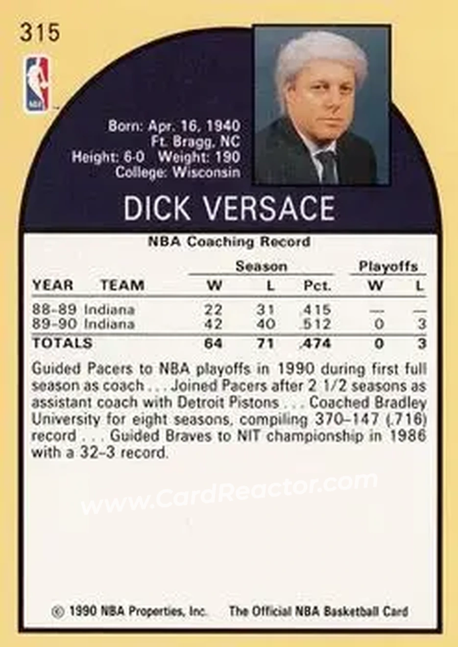 1990-91 Hoops #315 - Dick Versace - Indiana Pacers - Back